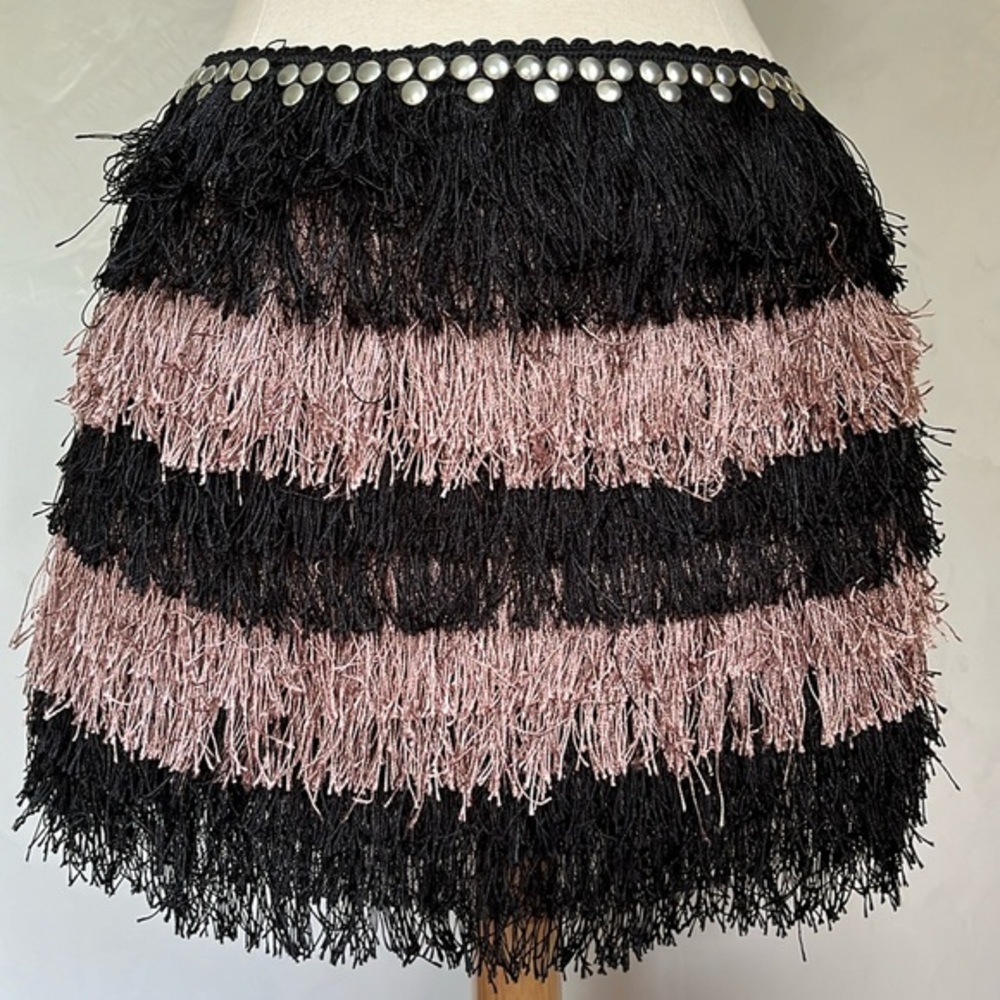 AKIRA Black and Pink Fringe Mini Skirt w/metal round detail on waist Size Large